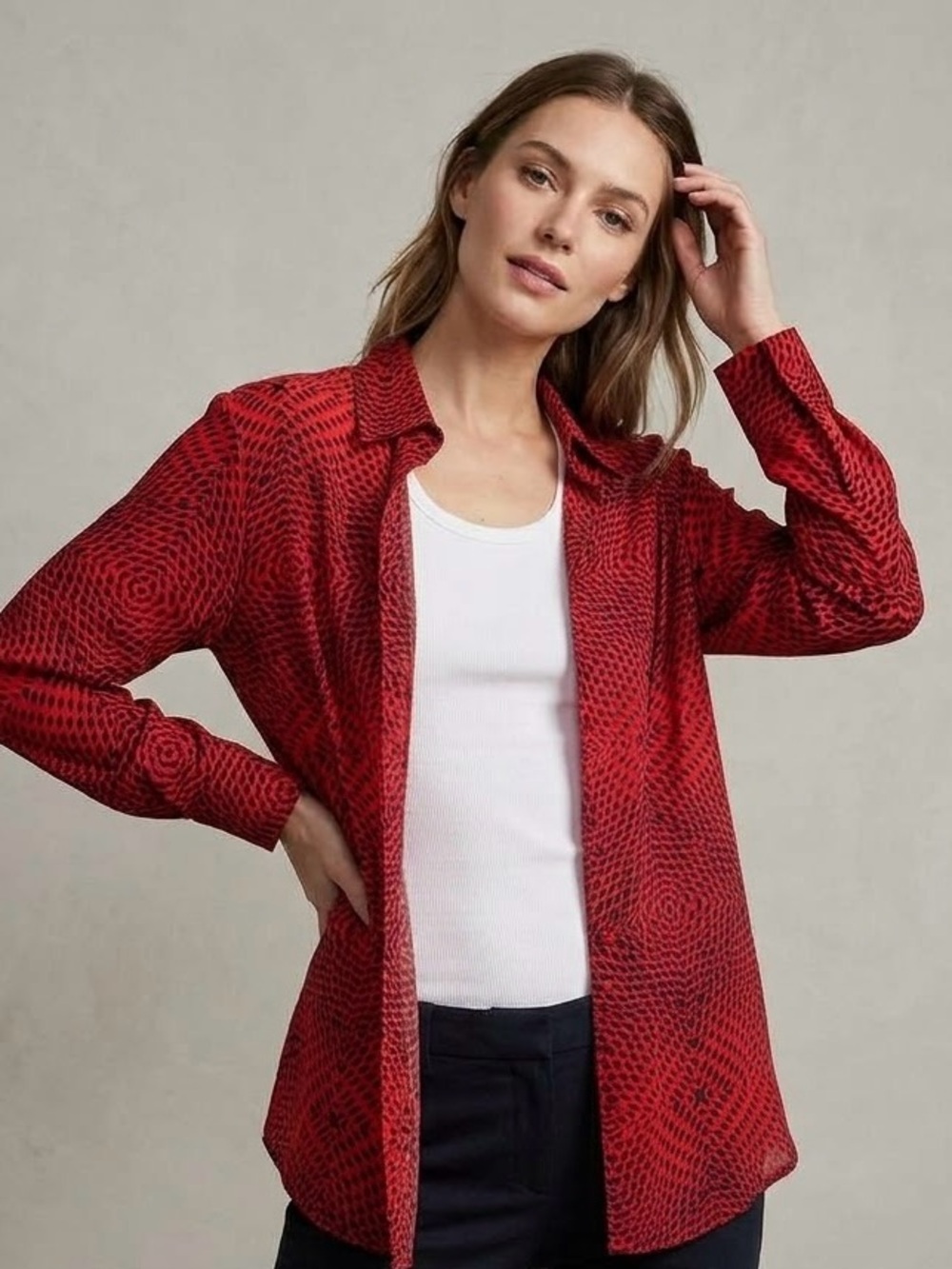 Caviar Red and Black Geometric Button-Down Blouse